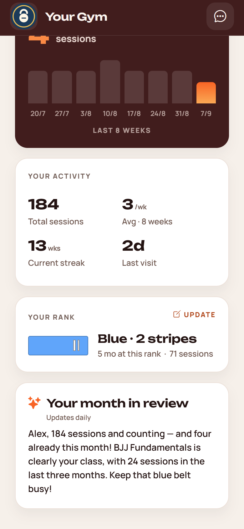 The member's month in review, written by AI from their own training.