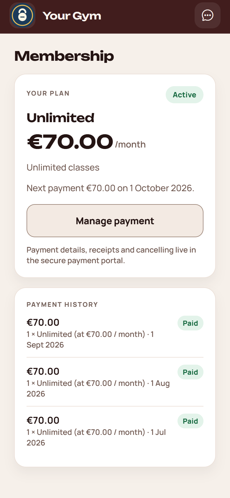 The member's membership screen: the Unlimited plan at €70 a month, the next payment date and their paid payments.