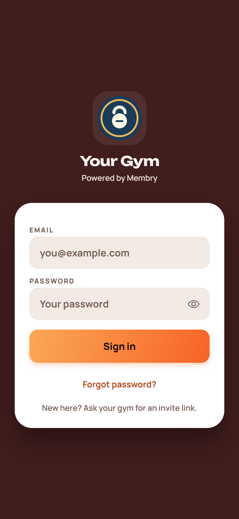 The member app's sign-in screen with the gym's crest and name, powered by Membry.