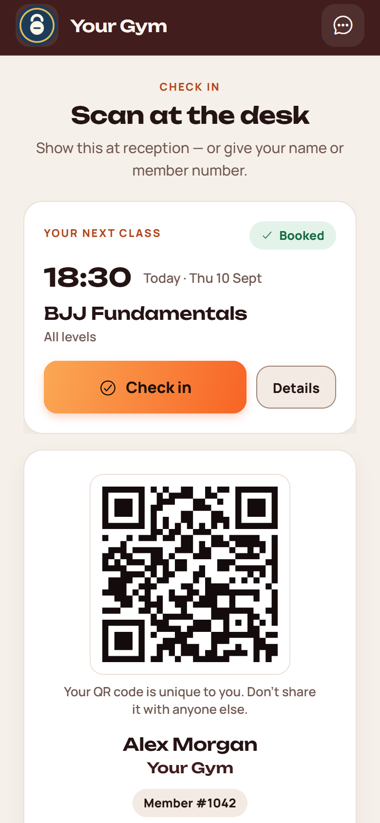 A member's check-in pass: tonight's booked class with a Check in button, and a personal QR code to show at reception.