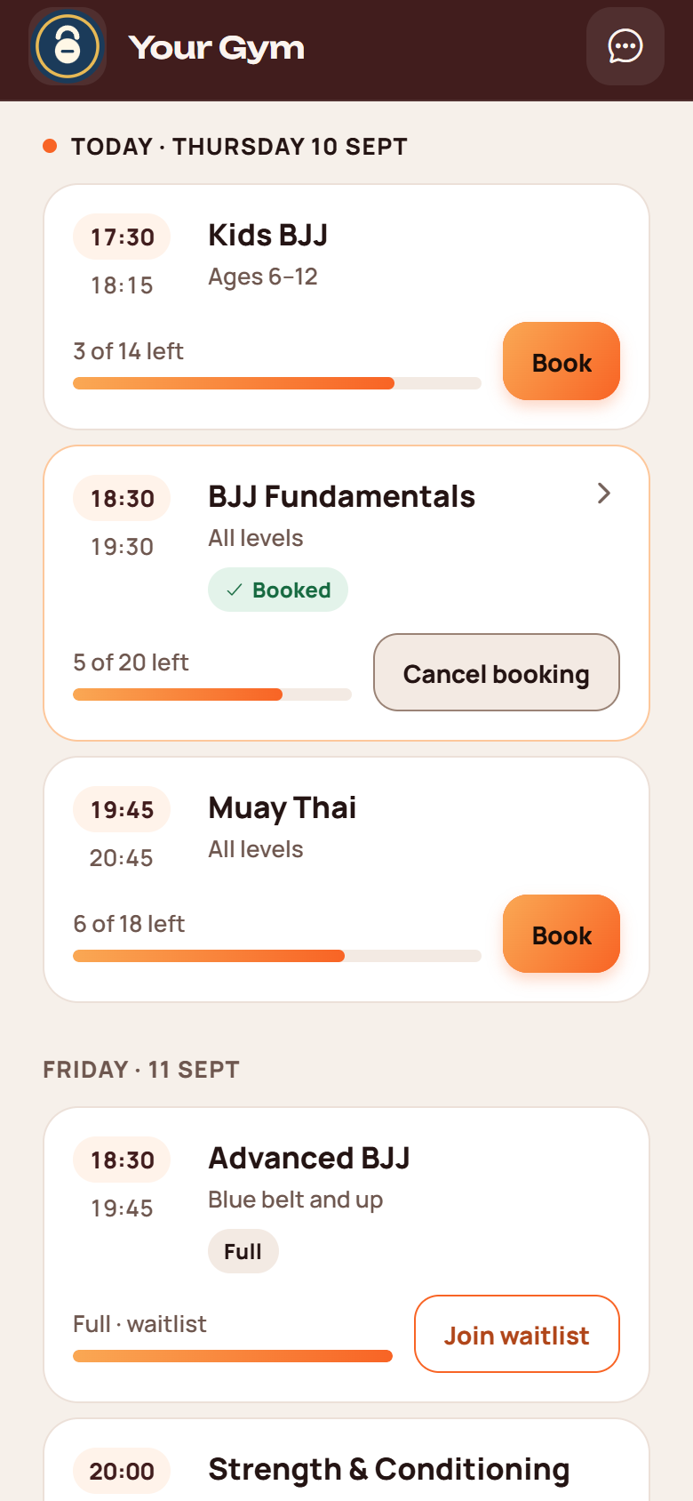 The member app's schedule from today: a booked class with Cancel booking, classes with places left and a Book button, and Friday's full class with Join waitlist.
