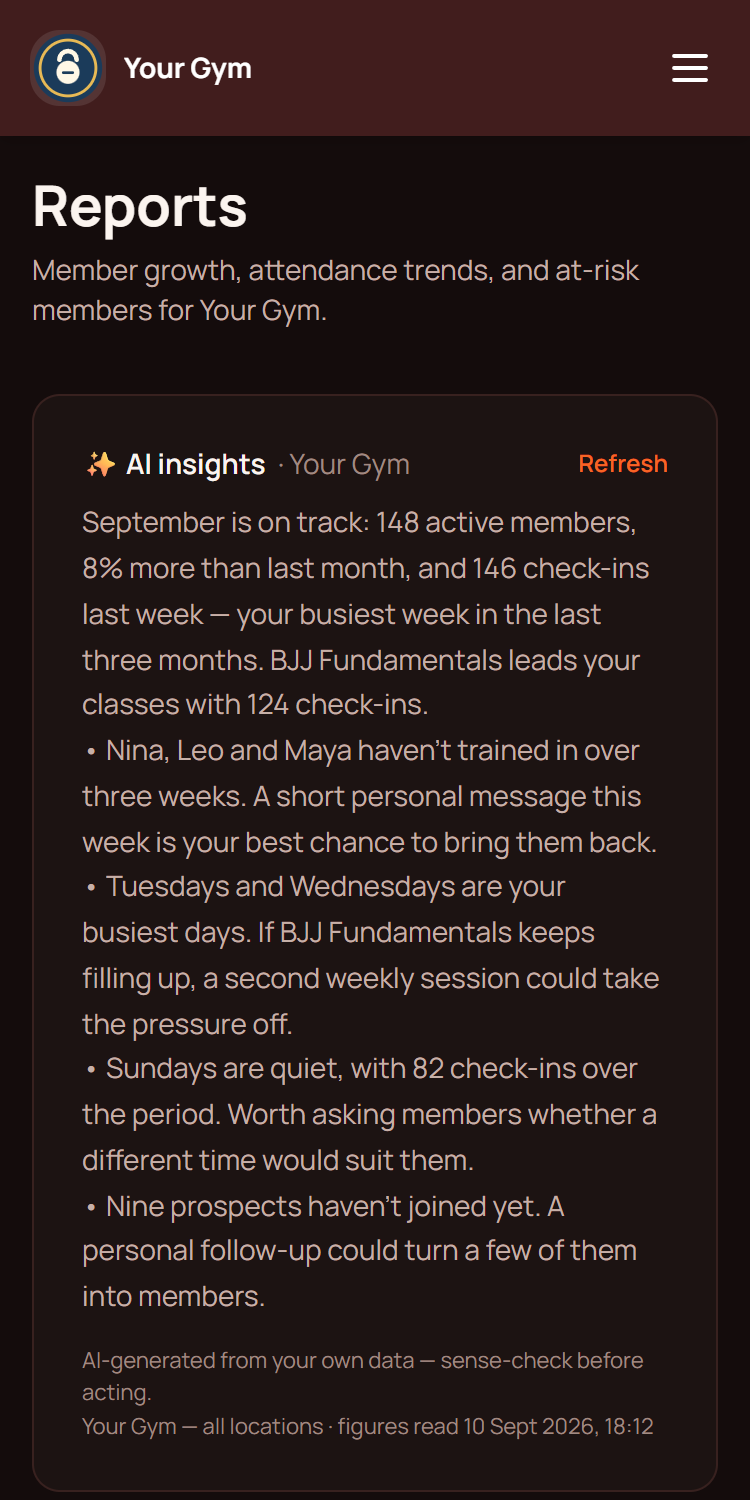 AI insights on the Reports page: a plain-English summary of the gym's numbers with suggested actions.