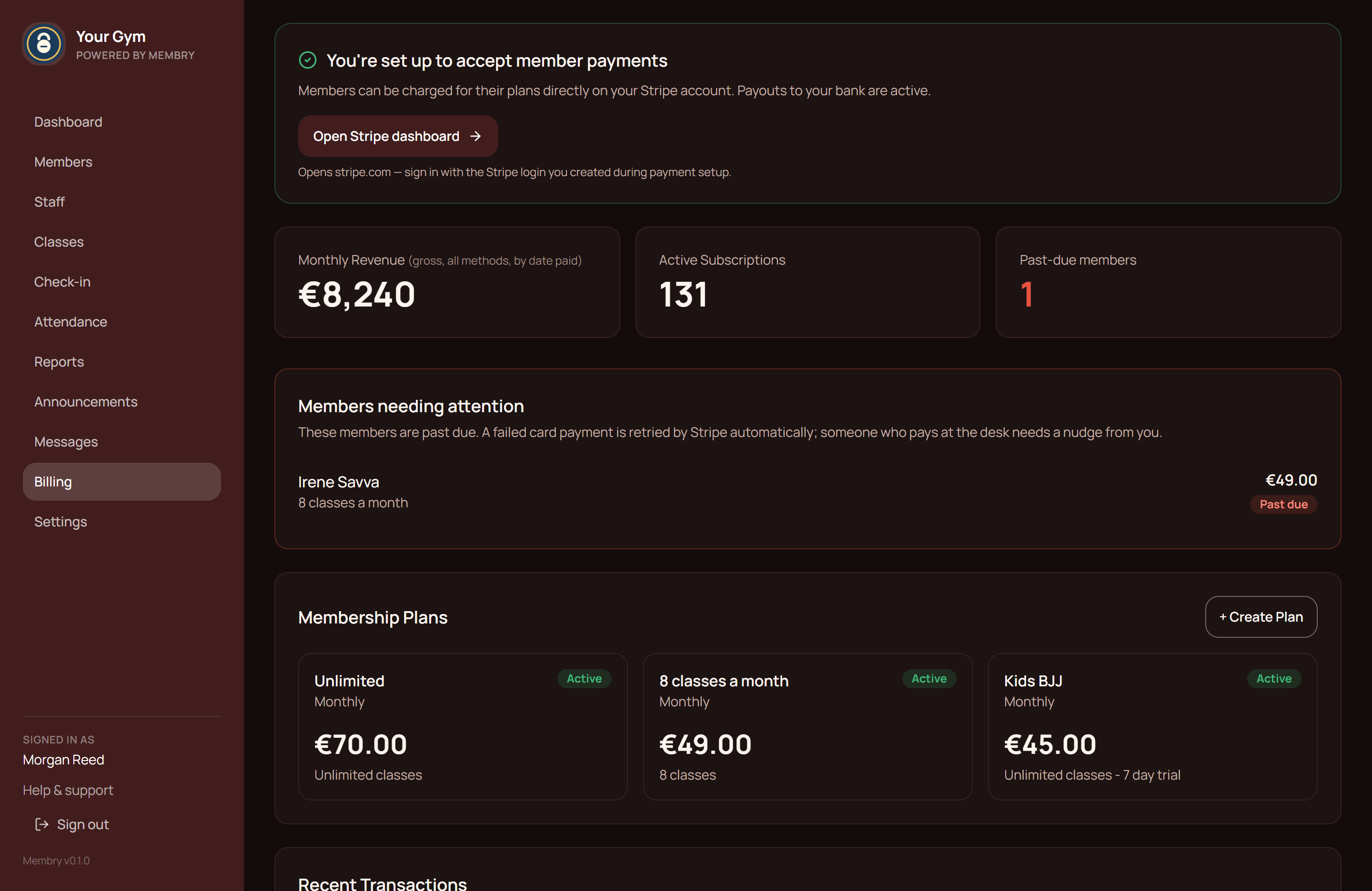 The Billing page: Stripe payments connected, this month's revenue, a past-due member to follow up and the membership plans.