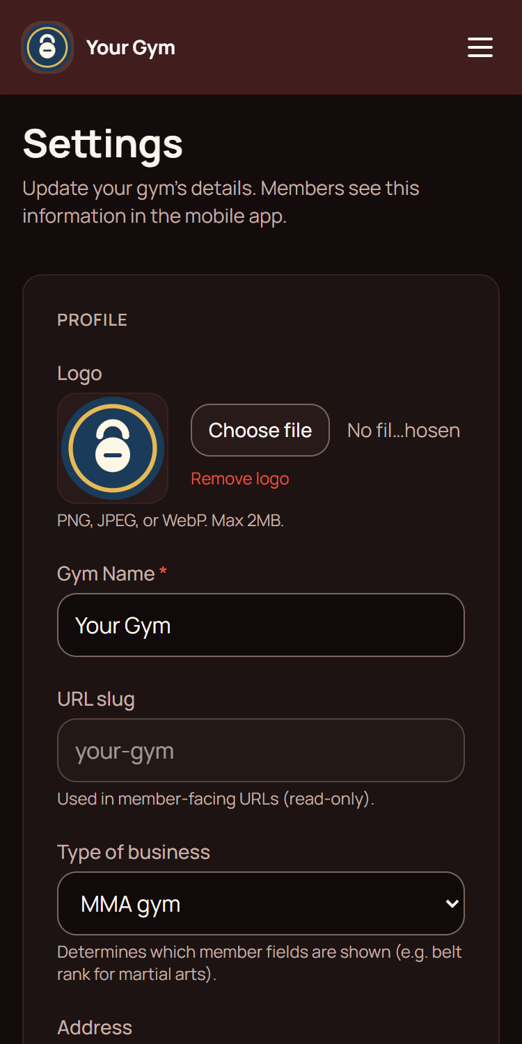 Gym settings in the dashboard: the gym's logo, name and details.