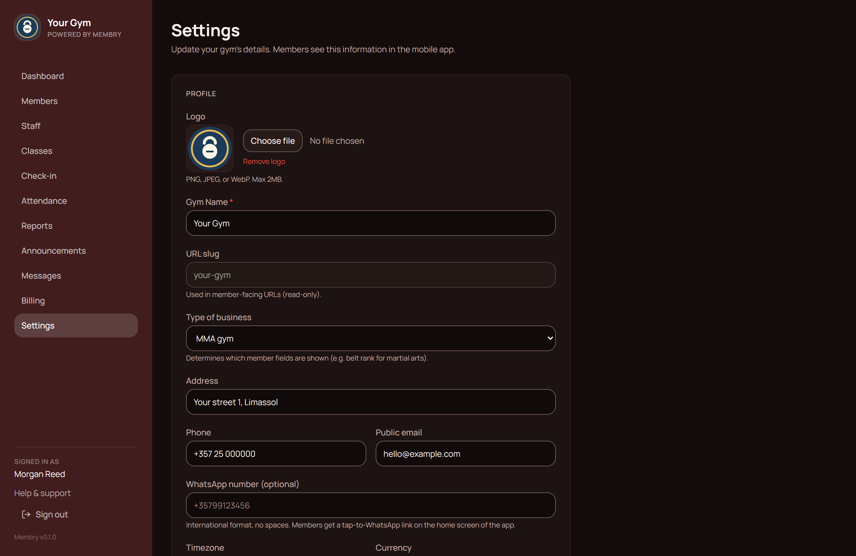 Gym settings in the dashboard: the gym's logo, name and details.