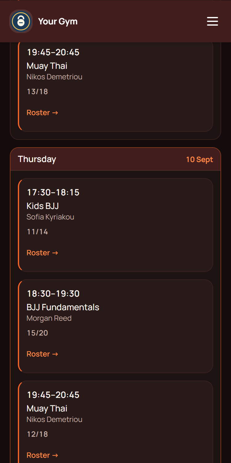 The class schedule in the dashboard: the week's classes by day, with bookings against capacity, a full class and a waiting list.