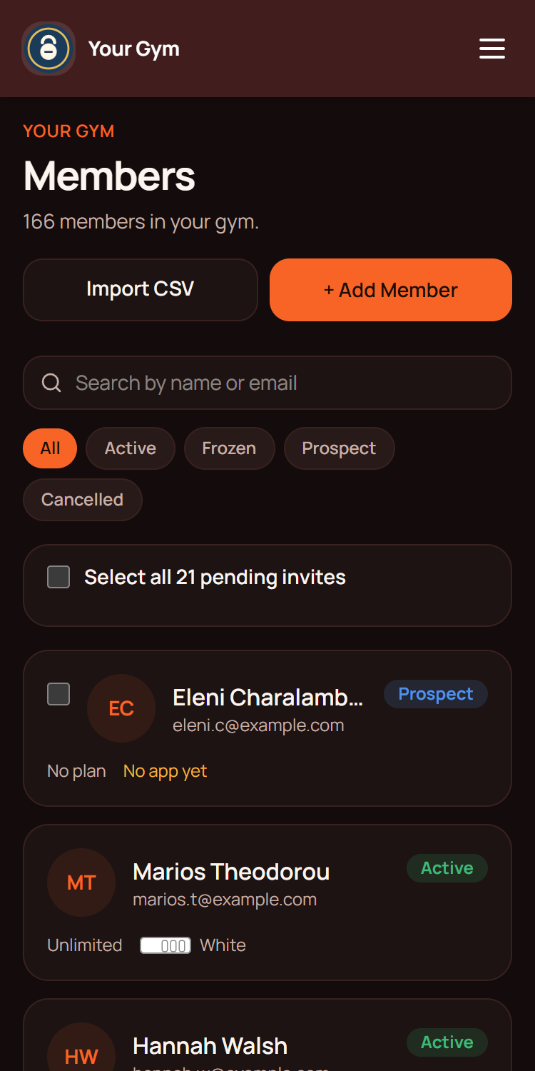 The Members page of the Membry dashboard: 166 members with their plan, status, belt and join date.