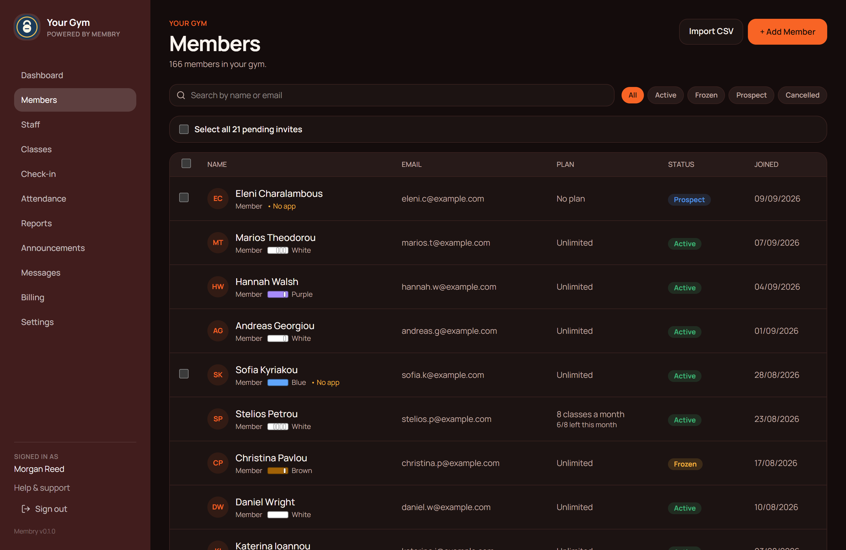 The Members page of the Membry dashboard: 166 members with their plan, status, belt and join date.