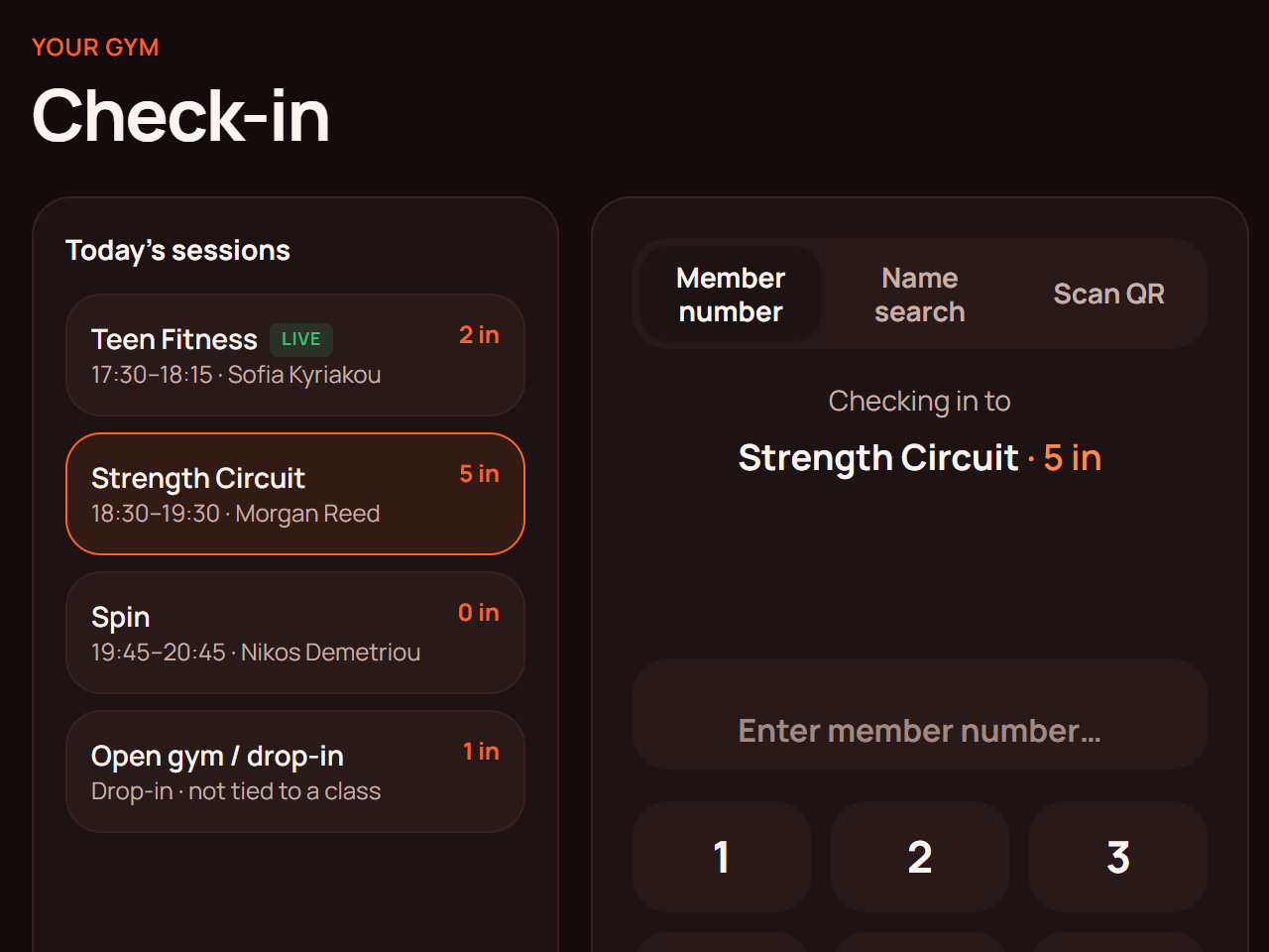 The Check-in page of the Membry dashboard, checking members in to Strength Circuit by member number: five in so far.